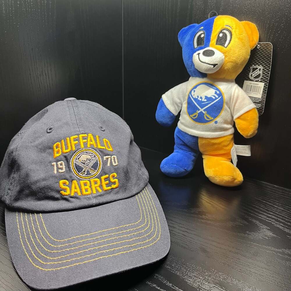 Buffalo Sabres Fan Bundle: Fan Favorite Adjustable Hat & Split Color Plush Bear